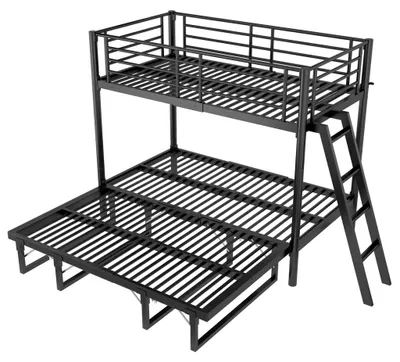 Productafbeelding van Drielaags bed van metaal en hout - Uittrekbaar gastenbed - Veiligheidshekjes - Ladder - 90 x 200 cm - Zwart