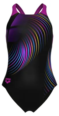 Image de ARENA AF011752-557, maillot de bain une pièce "Pinwheel" pour filles, noir et multicolore, taille 14-15 ans