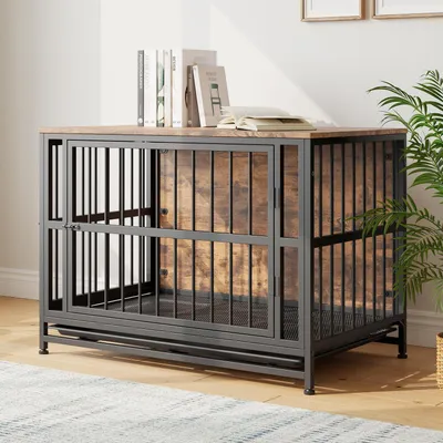 Image de Cage pour chien, meuble pour grands chiens, cabane intérieure avec 2 portes, couleur marron, dimensions 99x60x71 cm