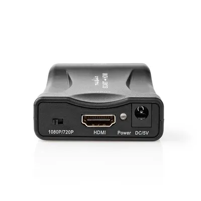The back view of a black SCART to HDMI converter with ports and labels.