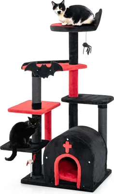 Image de Arbre à chat - Arbre à grimper 134 cm - 5 niveaux - Colonnes à griffer - Grotte pour chat - Plateformes - Balle suspendue - Revêtement en tissu - Noir
