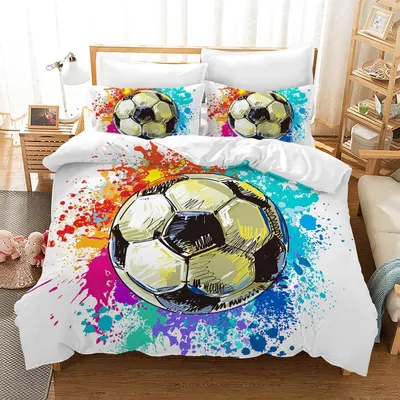 Obrázok produktu pre Sada posteľnej bielizny s motívom futbalu, 135x200 cm, mikrovlákno, 3D dizajn: 1 obliečka na prikrývku + 2 obliečky na vankúše