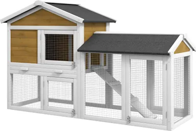 Produktbild von Hasenstall 2 Etagen Kaninchenstall Holz Kaninchenkäfig mit Bitumendach Freilaufgehege Rampe Türen 147x54x84 cm Gelb