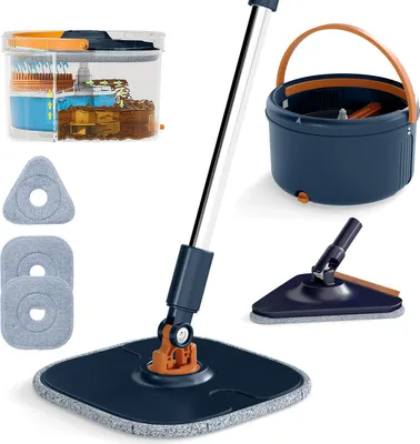 Zdjęcie produktu dla COSTWAY Mop+wiadro 4L, mop płaski z wyciskaczem, głowica obrotowa 360°, system separacji i 2 ściereczki z mikrofibry, system czyszczenia podłóg niebieski