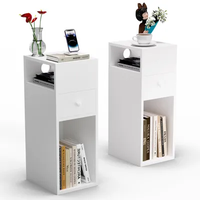 Nachtkastje Set von 2, schmal, 2 Fächer & 1 Schublade, 25x30x66 cm, Weiß