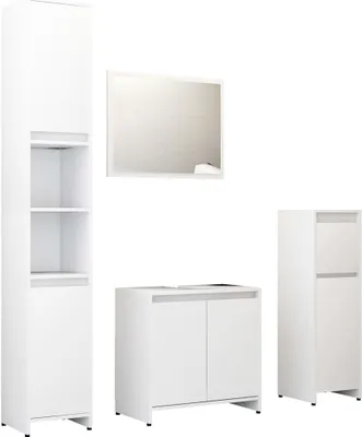 A set of white bathroom furniture pieces arranged on a white background.