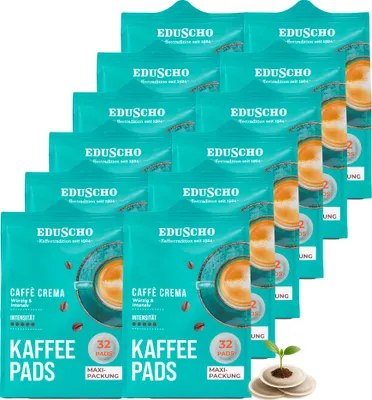 Produktbild von Eduscho Kaffeepads Vorratspack Maxi Packung, Caffè Crema, 384 Pads – 12 x 32 Pads, würzig, intensiv, für alle Pad Maschinen, industriell kompostierbar