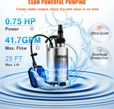 Produktbild von VEVOR Tauchpumpe, 550W 9500L/H, mit 10 m Kabel und automatischem Schwimmerschalter, tragbar aus Edelstahl für saubere, leere überflutete Bereiche, Schwimmbecken, Whirlpools, zur Bewässerung, 550 W