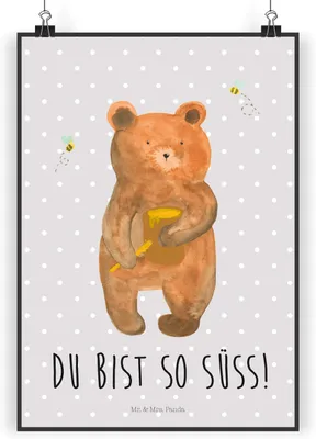 Produktbild von Mr. & Mrs. Panda Bild Bär Honig DIN A3 - Grau Pastell - Geschenk, Kunstdruck, Posterdruck, Freund, Honigbär, Teddy, Plakat, wanddeko, Liebe, Wandbild