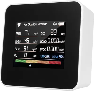 Obrázek produktu pro monitor kvality vzduchu 14 v 1 s WLAN, CO₂/CO/TVOC/HCHO/PM2.5/PM10, teplotou a vlhkostí, 2,8" barevným displejem, ovládáním pomocí aplikace, alarmem a časovačem