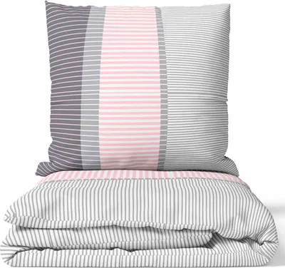 A folded duvet and pillow with a striped pattern in white, gray, and pink.