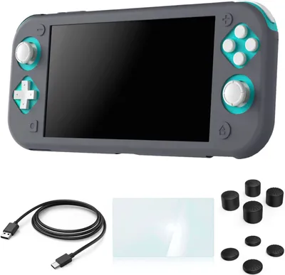 A Nintendo Switch Lite console with accessories, including a charging cable, screen protector, and joystick covers.