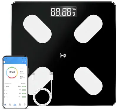 Produktbild von Personenwaage Digital, Bluetooth Körperfettwaage mit App LCD für Körperfett, BMI, Gewicht, Pulsschlag, Muskelmasse, Wasser, Protein, Schwarz