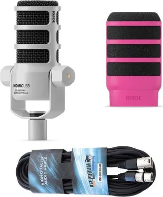 Produktbild von Rode Mikrofon Podmic USB Weiss mit WS14P Popschutz Pink und Kabel
