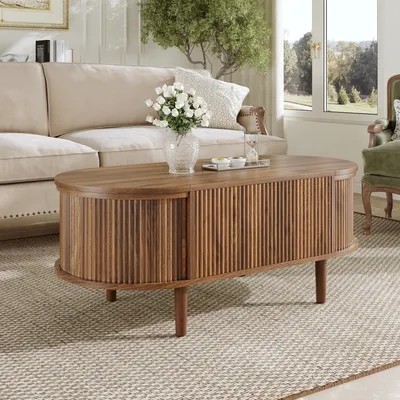 Produktbild von okwish Ovaler Couchtisch Sofatisch mit verstecktem Stauraum, Sofatisch mit klappbarem Stauraum,Höhenverstellbare Tischplatte,Nussbaubaum