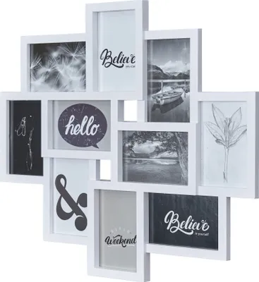 A white multi-photo frame collage with various black and white images and text.
