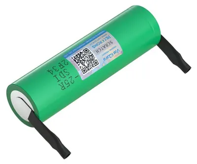 Obrázok produktu pre Lítium-iónová batéria 18650 – dobíjateľná INR18650-25R – 2500 mAh, 3,7 V – vysoký prúd 20 A – s niklovými pásikmi na vlastnú montáž – 1 ks