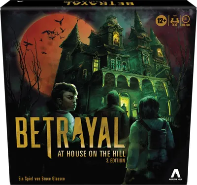 The image shows the box art for a board game titled 'Betrayal at House on the Hill'. It features a spooky mansion under a large red moon with silhouettes of people approaching it.