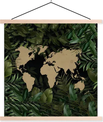 Produktbild von MuchoWow® Textilposter Weltkarte - Pflanzen - Blätter 60x60 cm mit holzfarbenen Rahmen - Wanddekoration