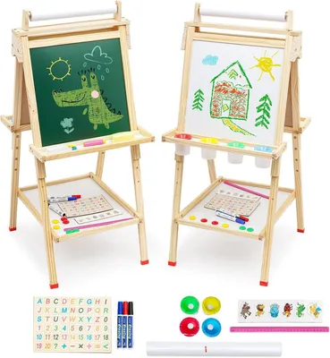 Image de Double face, avec rouleau de papier, tableau blanc et tableau noir, réglable en hauteur, chevalet pour enfants, en bois