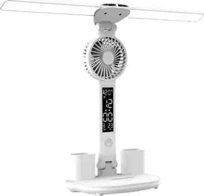 Produktbild von LED-Schreibtischlampe mit Akku, 4-in-1 Multifunktionslampe mit Ventilator, Uhr, Stifthalter, Handyhalter, 3 Lichtfarben & Dimmfunktion