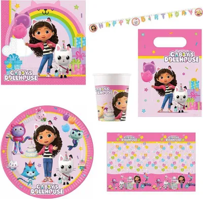 Immagine prodotto di Set per feste "Gabby's Dollhouse" per compleanni dei bambini - Set da 46 pezzi, piatti, tovaglia, bicchieri, tovaglioli, sacchetti, striscioni, set di stoviglie, stoviglie per bambini