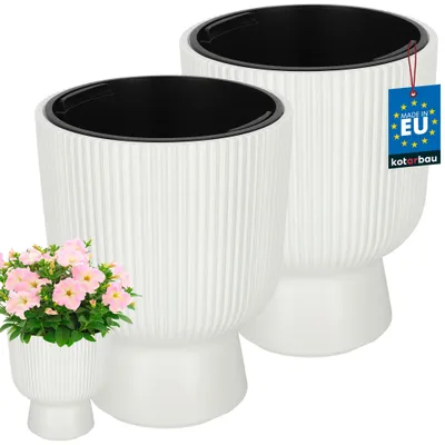 Obrázok produktu pre KOTARBAU® Súprava 2 kusov kvetináčov, priemer 23 cm, kvetináč na orchideje, vnútorný kvetináč, vonkajší kvetináč, kvetináč s podstavcom, s rebrovaním, v tvare kalicha, plastový kvetináč, biela farba