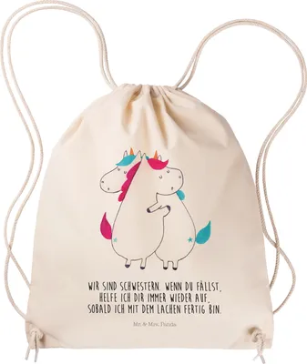 Produktbild von Mr. & Mrs. Panda Turnbeutel Einhörner Umarmen - Transparent - Geschenk, Stoffrucksack, Sportbeutel, BFF, Freundin, Einhorn, Liebe, sporttasche klein, Familie, Unicorn