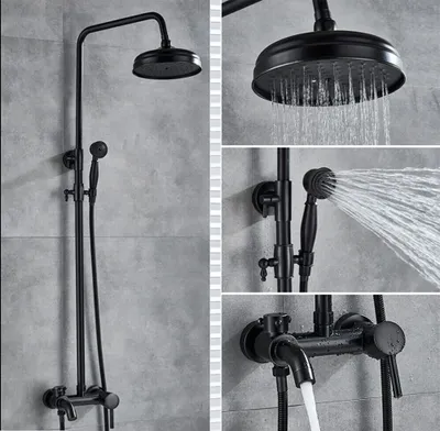 A collage of images showing a black retro-style shower system with a rain showerhead and handheld showerhead, demonstrating water flow.