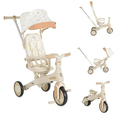 Produktbild von Byox Dreirad, Tricycle Juno 4 in 1 Laufrad Schiebegriff Sitzdrehung Sonnendach weiß beige