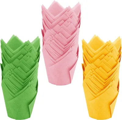 Obrázok produktu pre 150 ks obalov na muffiny, papierové obaly na pečenie tulipánov, kvalitné obaly na muffiny, papierové obaly na tulipány na svadby, narodeniny, Veľkú noc, rodinné stretnutia (ružové, zelené, žlté).
