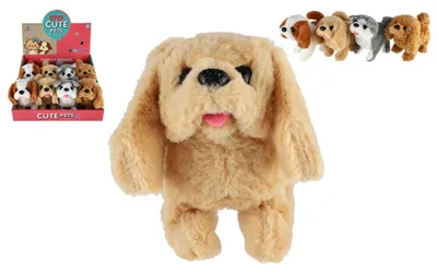 Immagine prodotto di Cagnolino che cammina e abbaia, in peluche/plastica, 18 cm, a batterie, 4 modelli, 8 pezzi in confezione