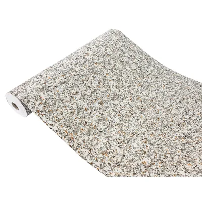 A roll of granite-patterned adhesive film lies on a white background.
