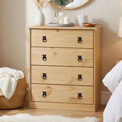 Produktbild von Kommode BARRIO mit 4 Schubladen I Highboard aus massiver Kiefer I Anrichte mit gebeizter und gewachster Oberfläche im Mexiko Stil