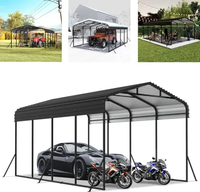Image de XMTECH Carport métallique 6000x370x260 cm - construction en acier revêtu par poudre, toit en tôle d'acier colorée, résistant à la corrosion, abri résistant aux intempéries pour voiture et moto, noir
