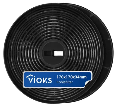 A round, black activated carbon filter with a blue label.