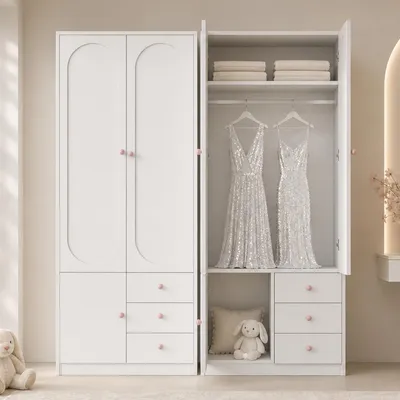 Immagine prodotto di Armadio angolare 2 ante, con cassetti e appendiabiti, per camera da letto, finitura laccata, 160x50x200 cm, bianco rosa
