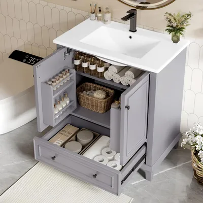 Obrázek produktu pro okwish Koupelnová skříňka s umyvadlem, stojací model s nohami z masivního dřeva, velký úložný prostor, integrované keramické umyvadlo, šedá