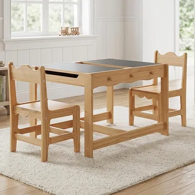 Imagen del producto de Conjunto de mobiliario infantil de pino, que incluye una mesa infantil con 2 sillas