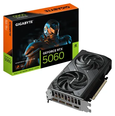 Productafbeelding van GIGABYTE GeForce RTX 5060 WINDFORCE MAX OC V2 8G – Grafische kaart, 8GB GDDR7, 128-bit, PCI-E 5.0, 2512MHz kloksnelheid, 3x DisplayPort, 1x HDMI, NVIDIA DLSS 4, GV-N5060WF2MAX OCV2-8GD