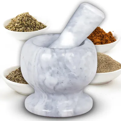 Produktbild von XXL Mörser mit Stößel Marmor Ø 11 cm - robust & langlebig, polierter Steinmörser für Gewürze Kräuter Pesto - Gewürzreibe Zerkleinerer Stampfer Retoo