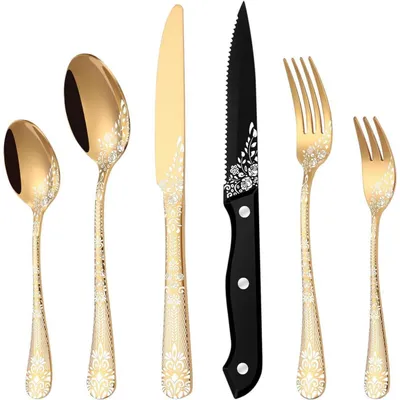 Produktbild von 36-teiliges Besteck Set Gold für 6 Personen, Edelstahl, mit Steakmessern, spülmaschinenfest