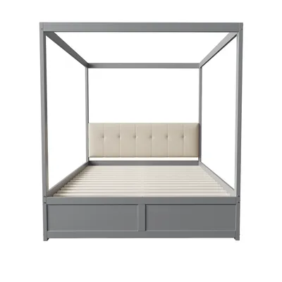 Obrázek produktu pro Dřevěná postel Flieks Manželská postel 140x200 cm se 2 zásuvkami, úložný prostor Funkční postel s roštem, postel pro mladé s čalouněným čelem šedá