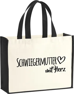 Produktbild von Huuraa Jutetasche Schwiegermutter mit Herz 21 Liter Black Jute und Baumwolle Einkaufstasche Geschenkidee