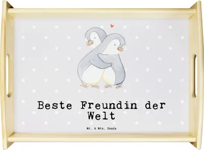 Produktbild von Mr. & Mrs. Panda Sofa Tablett Pinguin Beste Freundin der Welt - Grau Pastell - Geschenk, Geschenkidee, Deko, Serviertablett, Frau, Spruch, Servier, Holztablett, Bff