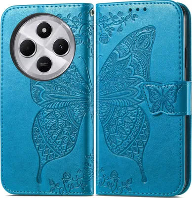 Produktbild von Für Xiaomi Redmi 14C Kunstleder Wallet Handy Tasche Schmetterling Design Hülle Etuis Blau