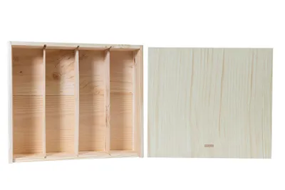Houten wijnkist voor 4 wijnflessen met schuifdeksel en houtwol