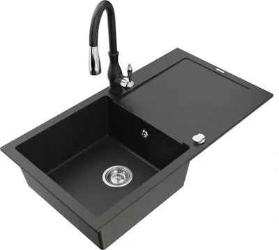 Produktbild von Mexen Leo 1 Becken-Granitspüle mit Abtropffläche und Mischbatterie Savita, Schwarz/Gold metallisch - 6501-75-672601-70