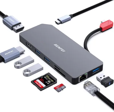 Produktbild von BENFEI 9-in-1 USB C MST Laptop-Dockingstation, USB-C-Hub mit HDMI-DisplayPort-Dual-Monitor/3 x USB Typ A/1 x USB Typ-C (