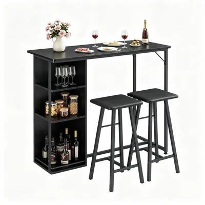 Image de Ensemble de table haute (bartisch) pour 2 personnes, comprenant une table noire avec 3 étagères et 2 tabourets